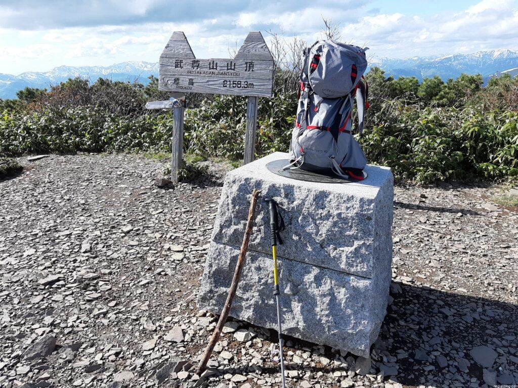 山頂標識と相棒とザック